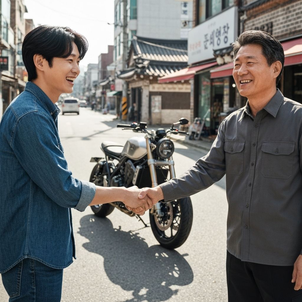 에어바이크 수리 완료 후 만족스러워하는 고객과 정비사